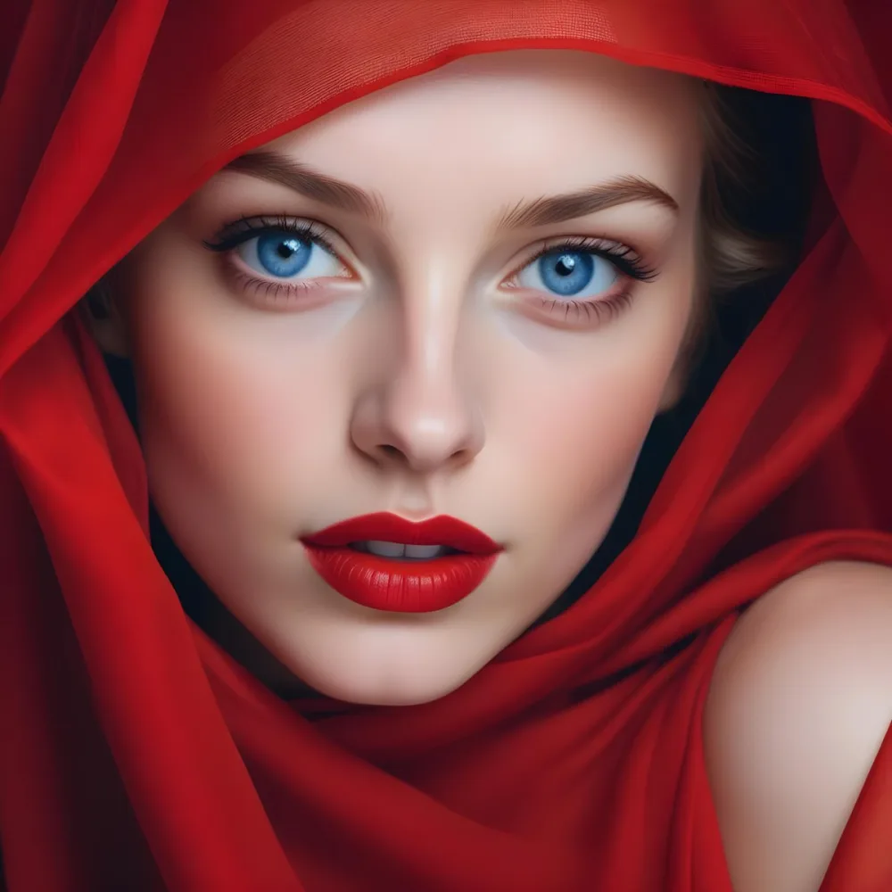 A White Woman Age 28 With Blue Eyes And Red Lips Wearing A Red Veil In A Studio With A Red Background 36 1930