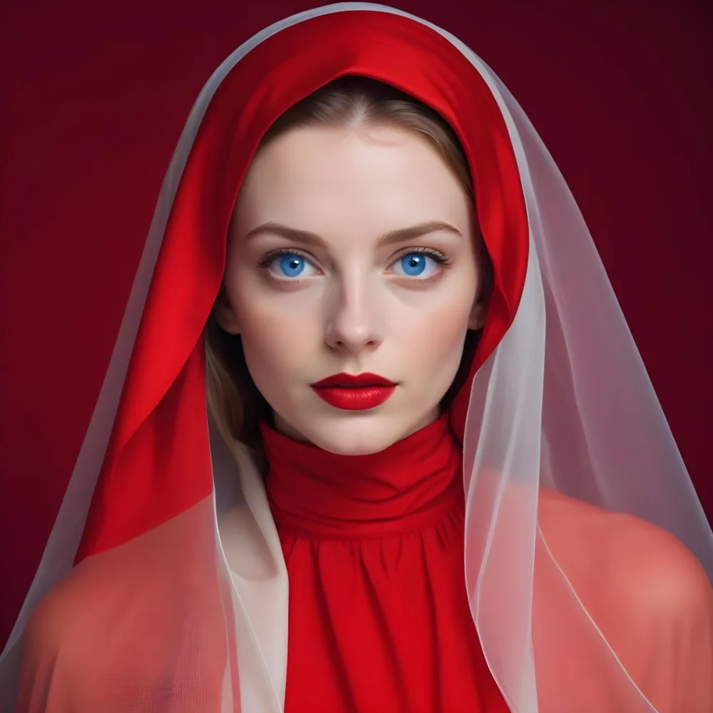 A White Woman Age 28 With Blue Eyes And Red Lips Wearing A Red Veil In A Studio With A Red Background 6 C927