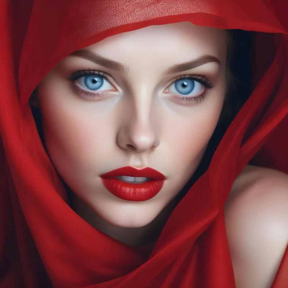 A White Woman Age 28 With Blue Eyes And Red Lips Wearing A Red Veil In A Studio With A Red Background 7 Ee15