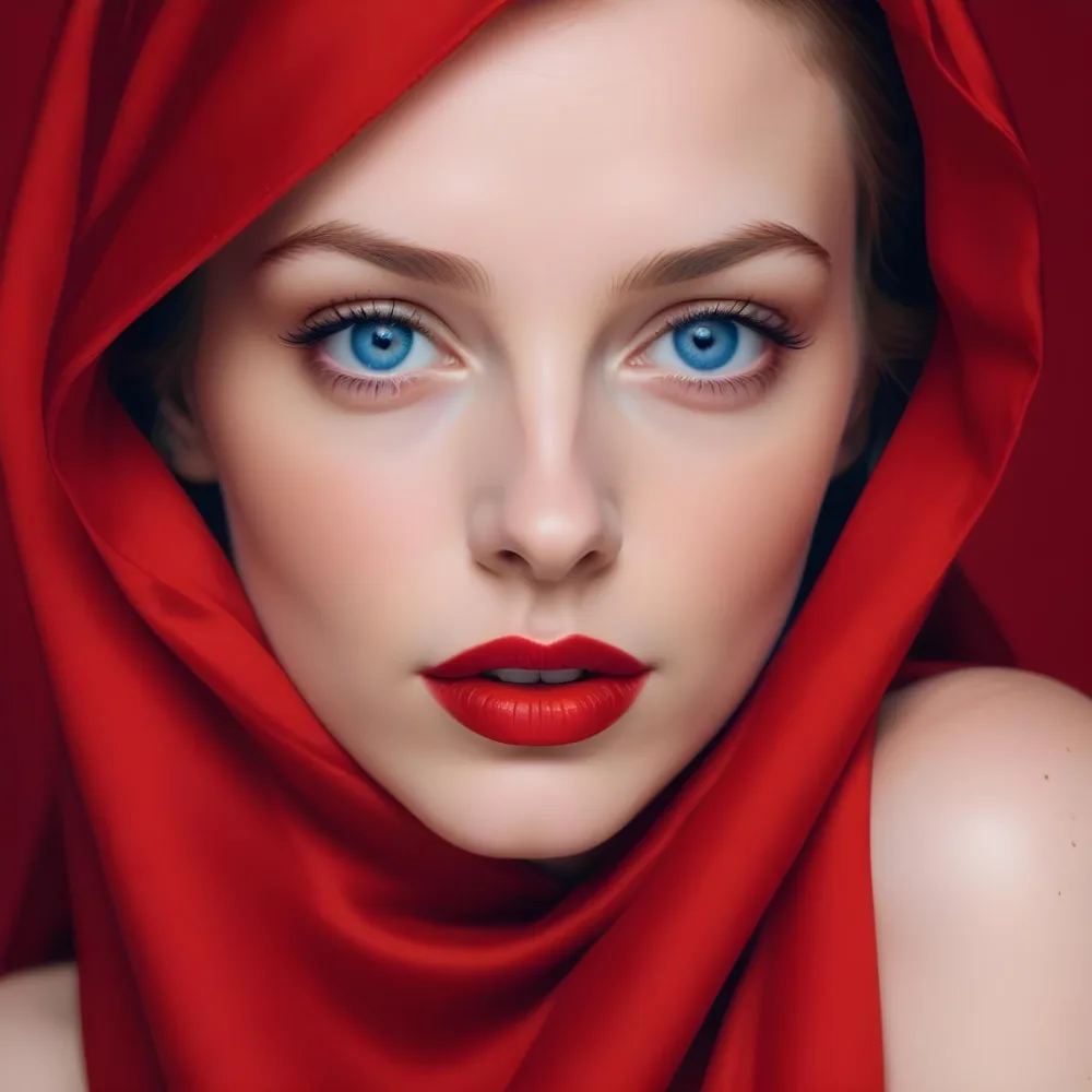 A White Woman Age 28 With Blue Eyes And Red Lips Wearing A Red Veil In A Studio With A Red Background 8 69fb