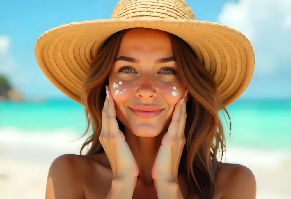 A White Woman Age 28 With Brown Hair Wearing A Straw Hat And Sunscreen On Her Face With Her Hands On Her Cheeks In A Beach 19 A526