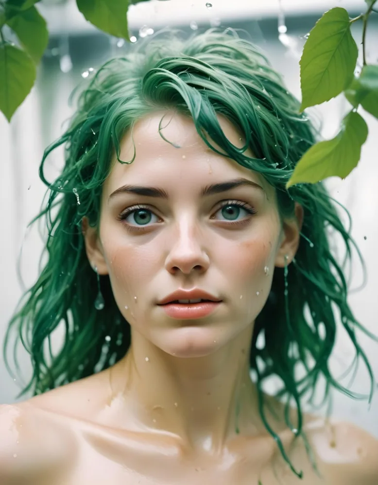 A White Woman Age 28 With Green Hair In A Water Splash With Green Leaves White Background 1 Eb52