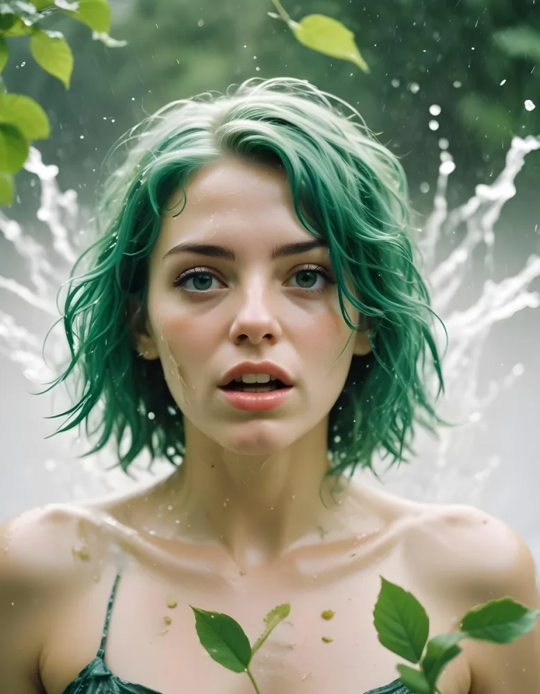 A White Woman Age 28 With Green Hair In A Water Splash With Green Leaves White Background 10 8f1e
