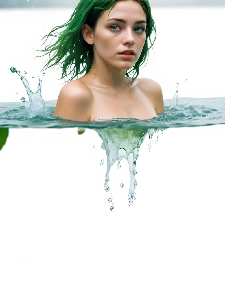 A White Woman Age 28 With Green Hair In A Water Splash With Green Leaves White Background 2 16d3