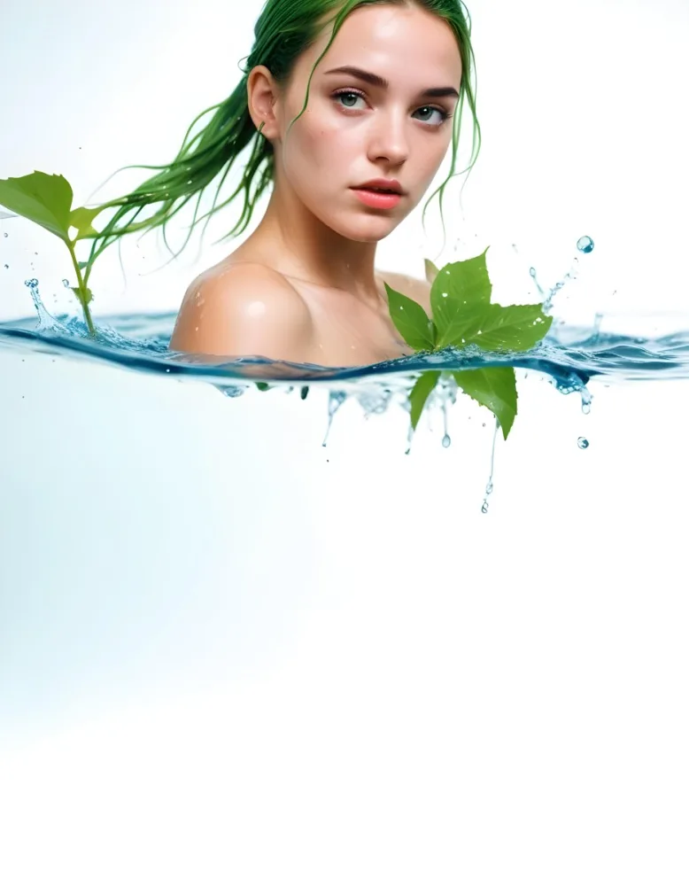 A White Woman Age 28 With Green Hair In A Water Splash With Green Leaves White Background 24 7265
