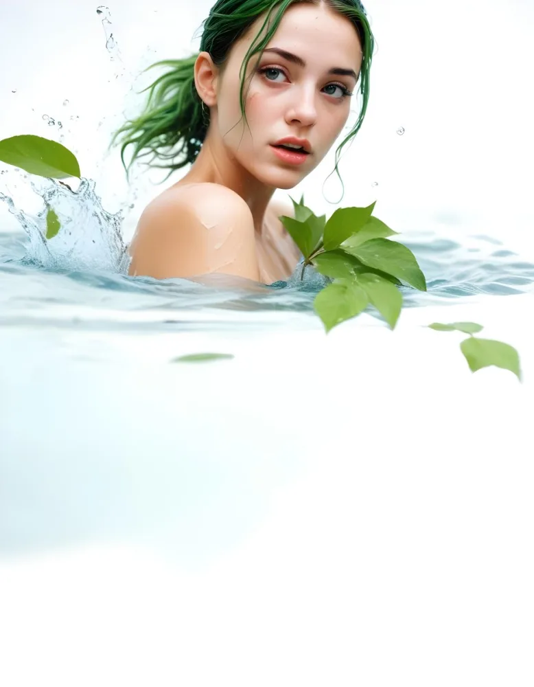 A White Woman Age 28 With Green Hair In A Water Splash With Green Leaves White Background 26 47df