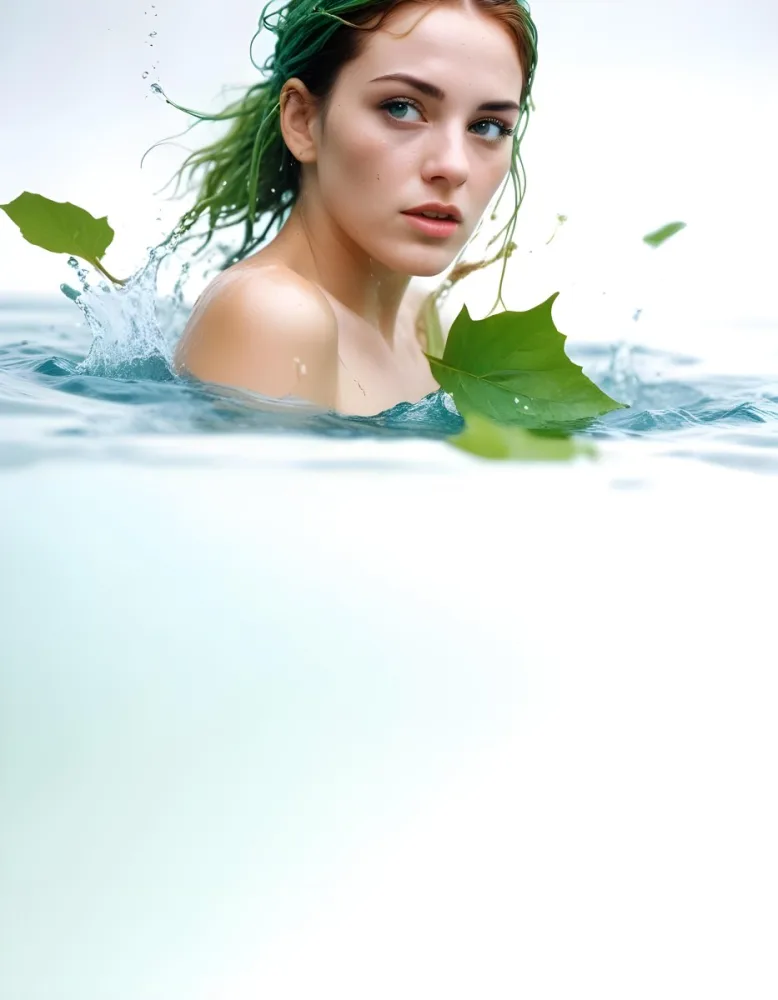 A White Woman Age 28 With Green Hair In A Water Splash With Green Leaves White Background 28 D8cc