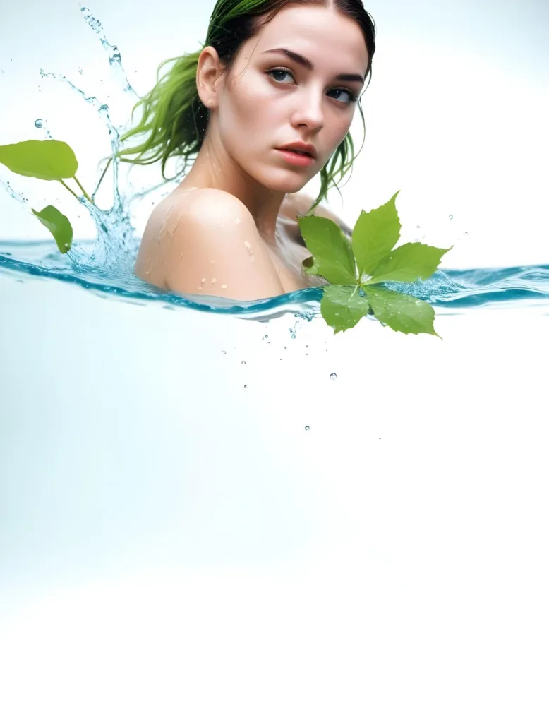 A White Woman Age 28 With Green Hair In A Water Splash With Green Leaves White Background 41 2890