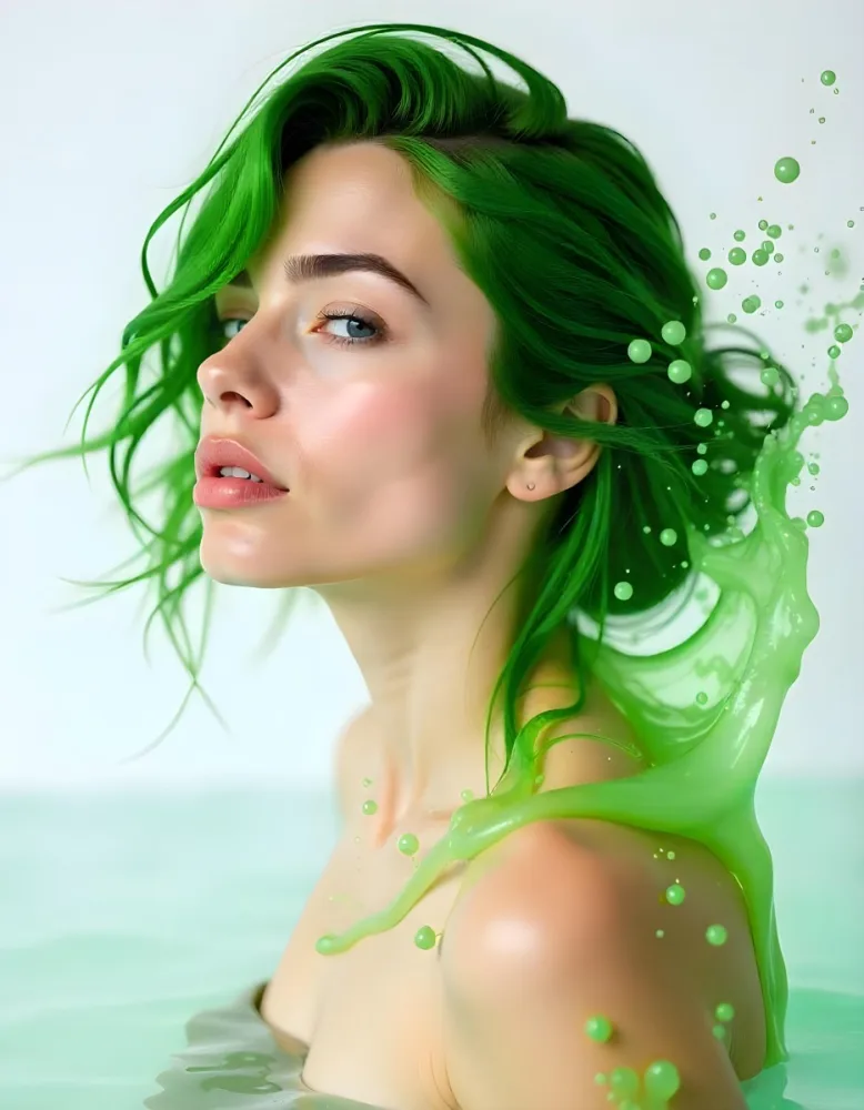 A White Woman Age 28 With Green Hair In A Water Splash With Green Leaves White Background 45 D865