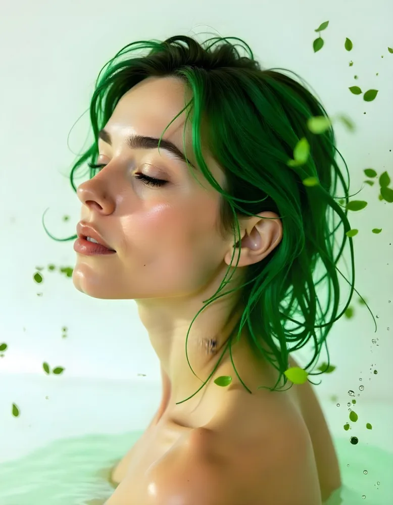 A White Woman Age 28 With Green Hair In A Water Splash With Green Leaves White Background 47 Cbb2