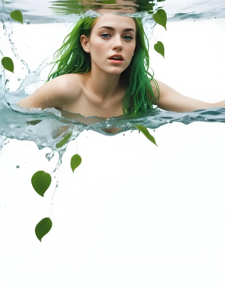 A White Woman Age 28 With Green Hair In A Water Splash With Green Leaves White Background 5 Dad7