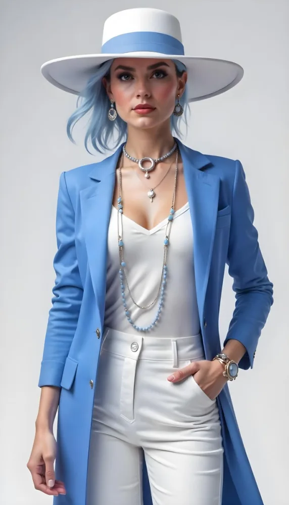 A White Woman Age 30 Blue Hair Wearing A Blue Suit White Top And Jewelry Light Background 13 D430
