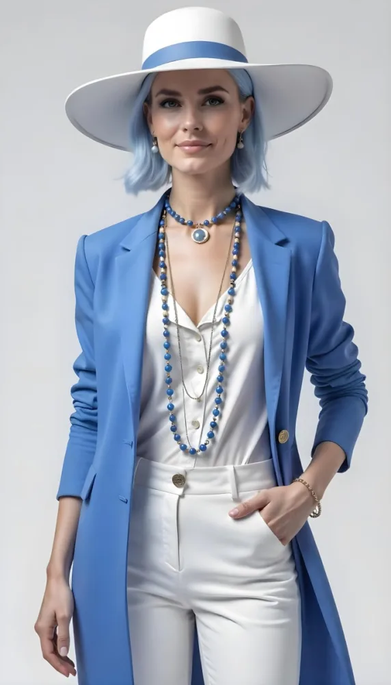 A White Woman Age 30 Blue Hair Wearing A Blue Suit White Top And Jewelry Light Background 18 17cd