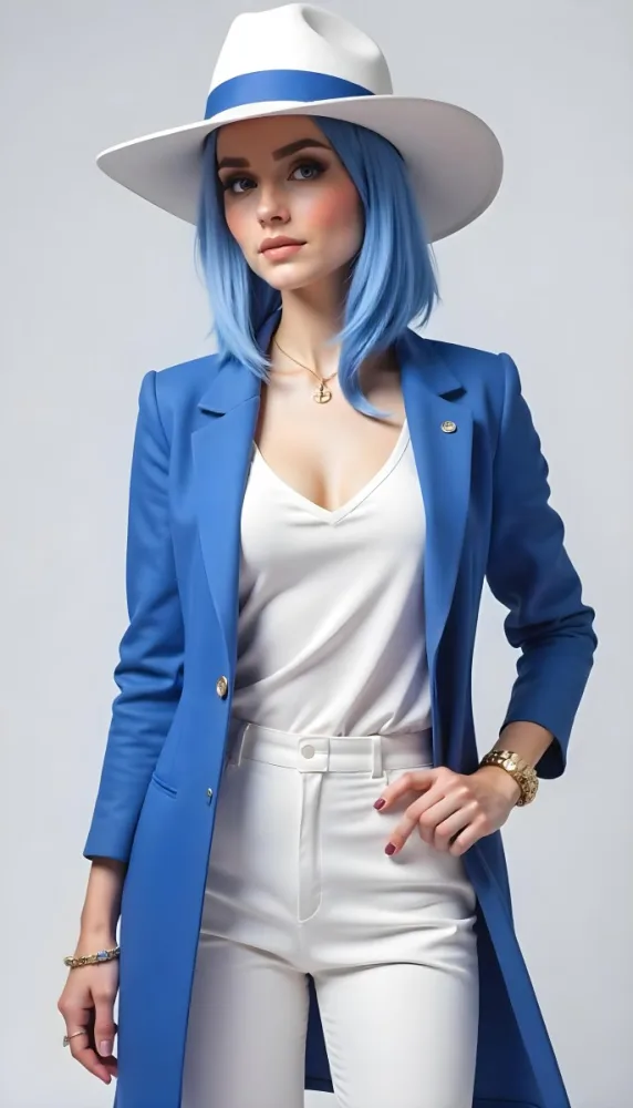 A White Woman Age 30 Blue Hair Wearing A Blue Suit White Top And Jewelry Light Background 19 7d51