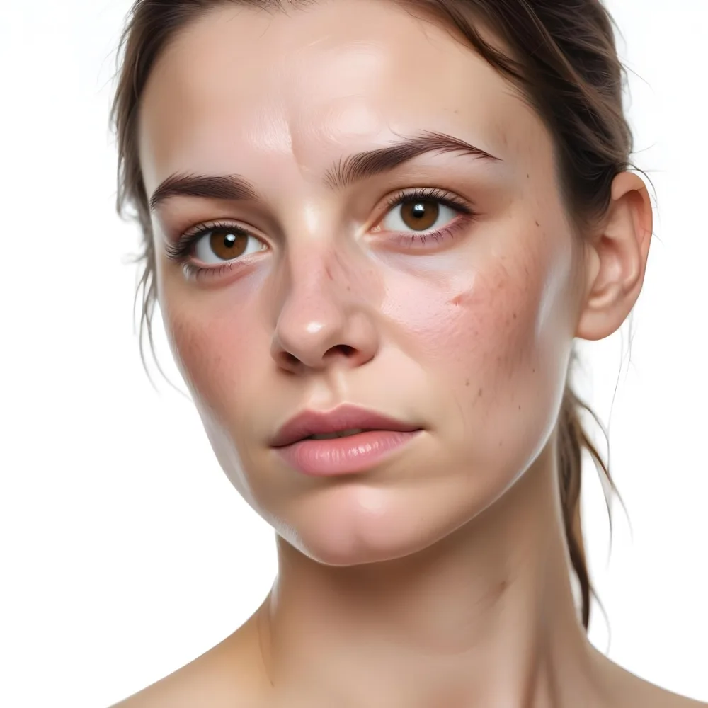 A White Woman Age 30 With Brown Hair Half Of Her Face Is Cracked In A White Background 2 6243