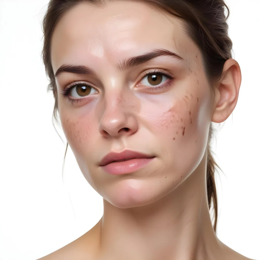 A White Woman Age 30 With Brown Hair Half Of Her Face Is Cracked In A White Background 20 46c1
