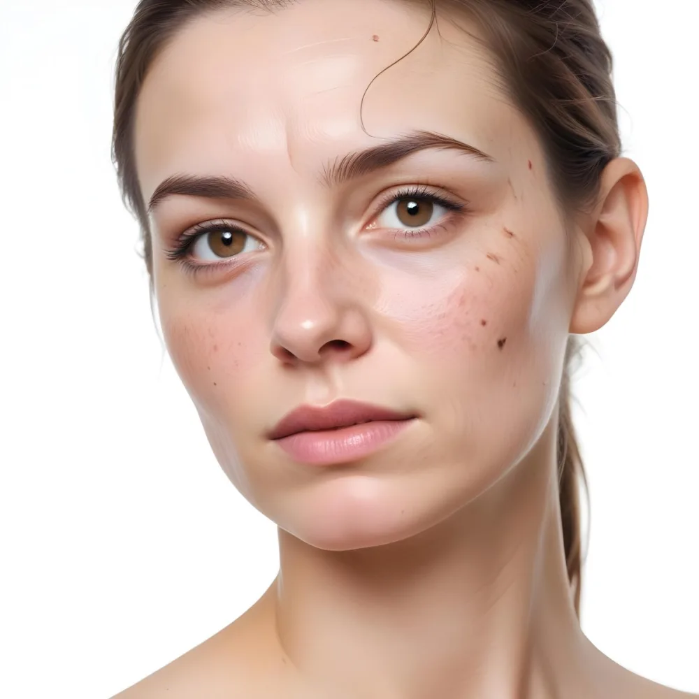 A White Woman Age 30 With Brown Hair Half Of Her Face Is Cracked In A White Background 21 Eb23