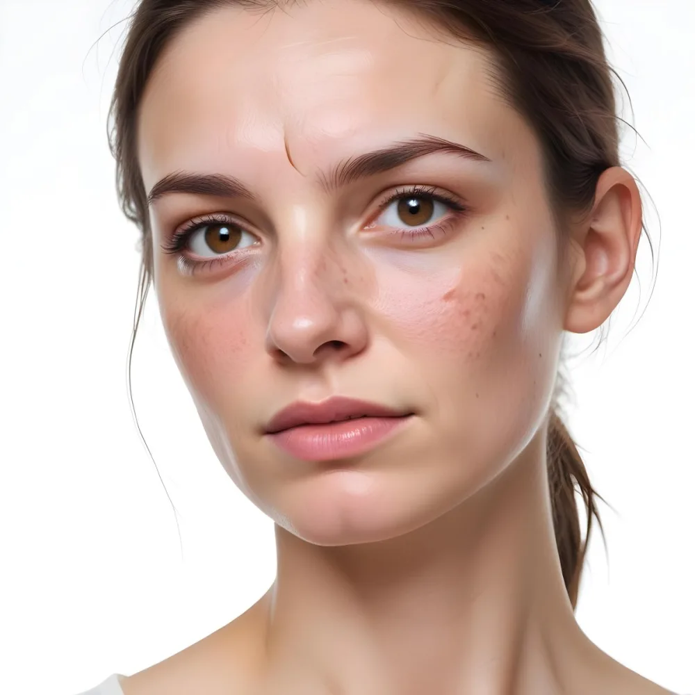 A White Woman Age 30 With Brown Hair Half Of Her Face Is Cracked In A White Background 34 904c