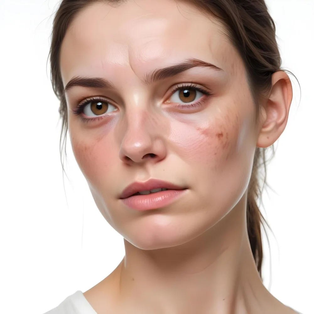 A White Woman Age 30 With Brown Hair Half Of Her Face Is Cracked In A White Background 4 583a