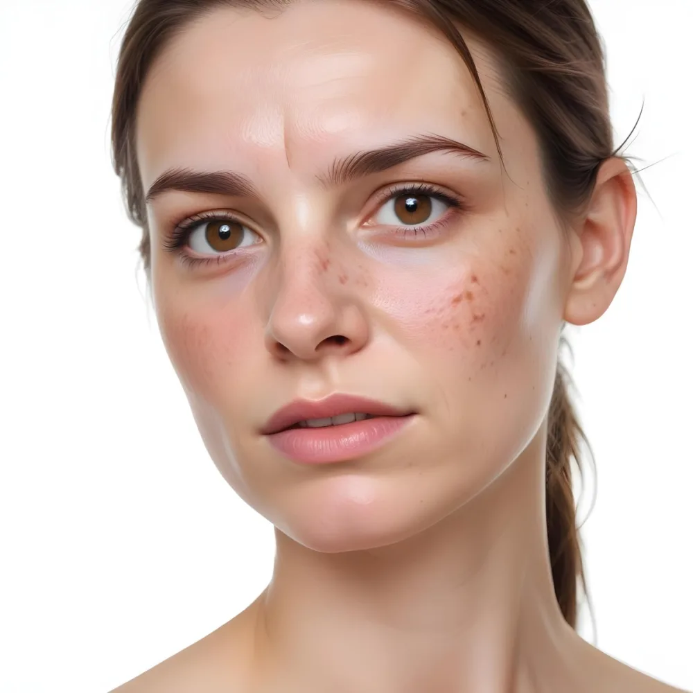 A White Woman Age 30 With Brown Hair Half Of Her Face Is Cracked In A White Background 7 664a
