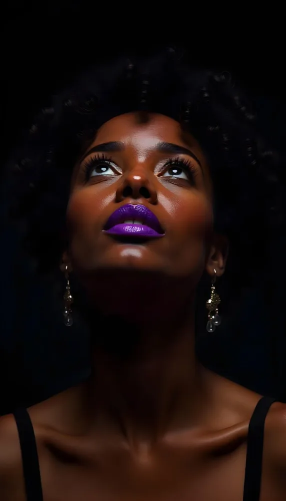 A White Woman Dark Skin 23 Years Old Curly Black Hair Purple Lipstick And Earrings Looking Up In A Black Background 1 C497