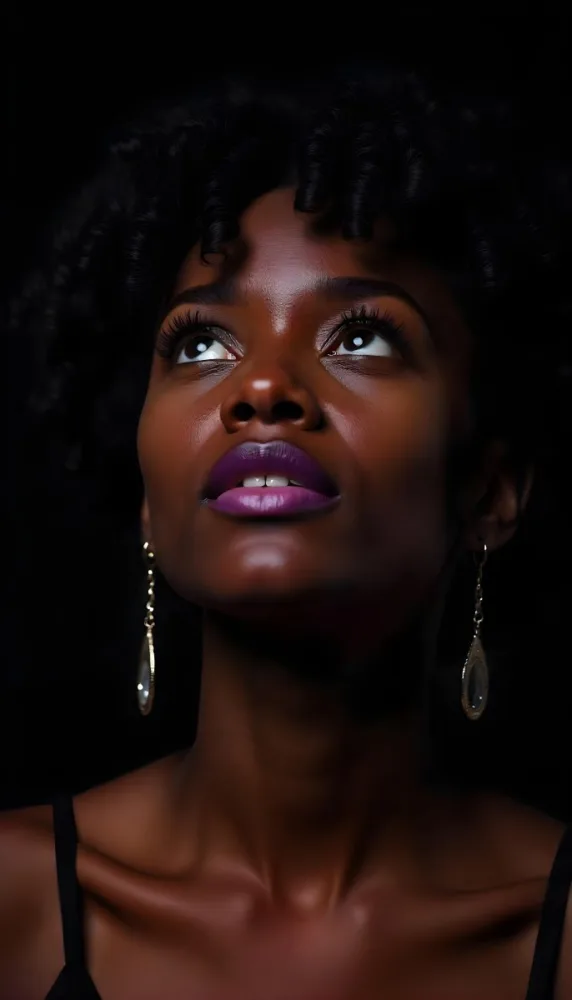 A White Woman Dark Skin 23 Years Old Curly Black Hair Purple Lipstick And Earrings Looking Up In A Black Background 10 0cd5