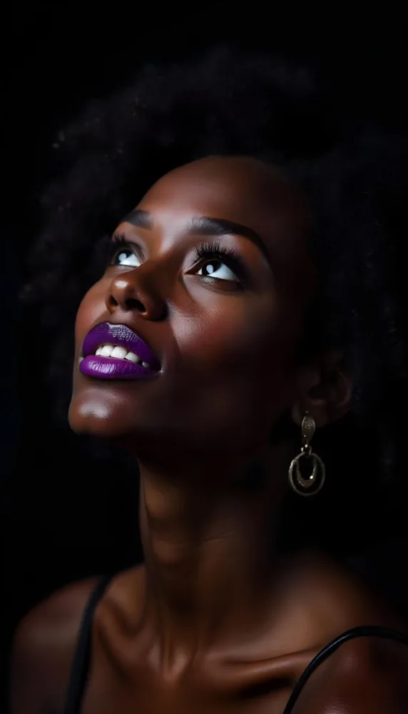 A White Woman Dark Skin 23 Years Old Curly Black Hair Purple Lipstick And Earrings Looking Up In A Black Background 12 3cf1