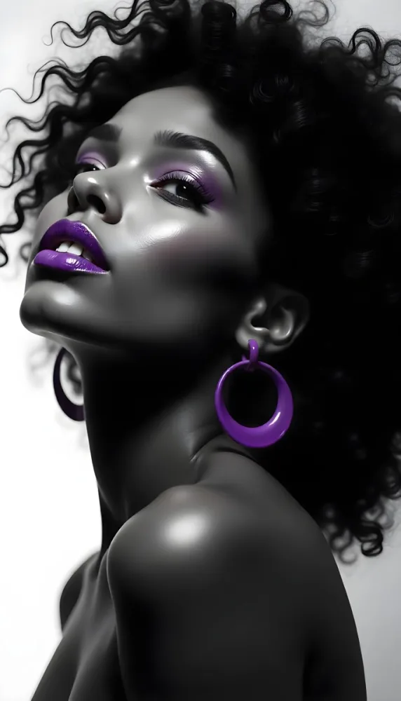 A White Woman Dark Skin 23 Years Old Curly Black Hair Purple Lipstick And Earrings Looking Up In A Black Background 5 E261