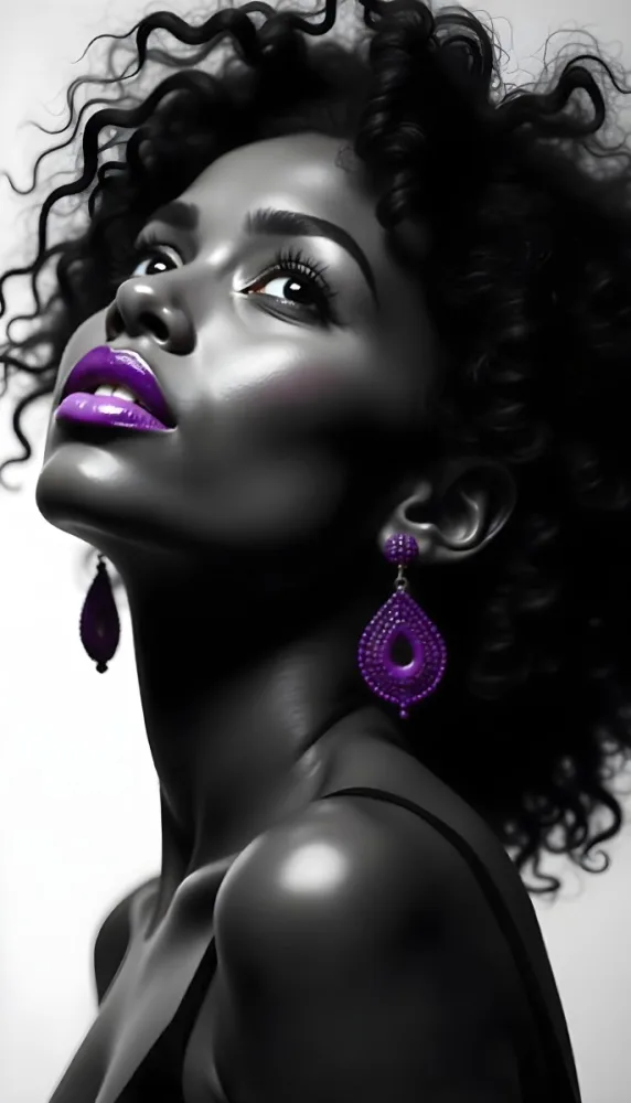 A White Woman Dark Skin 23 Years Old Curly Black Hair Purple Lipstick And Earrings Looking Up In A Black Background 6 04ba