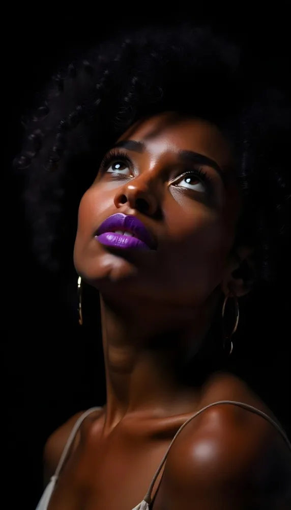 A White Woman Dark Skin 23 Years Old Curly Black Hair Purple Lipstick And Earrings Looking Up In A Black Background 9 B17a