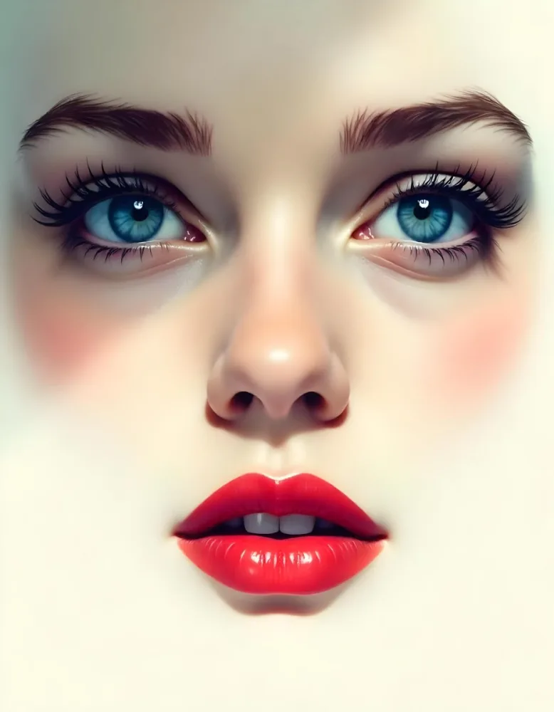 A White Woman In The Age Of 21 Years Old With Blue Eyes Red Lips And Long Eyelashes Light Skin In A White Background 23 F67e