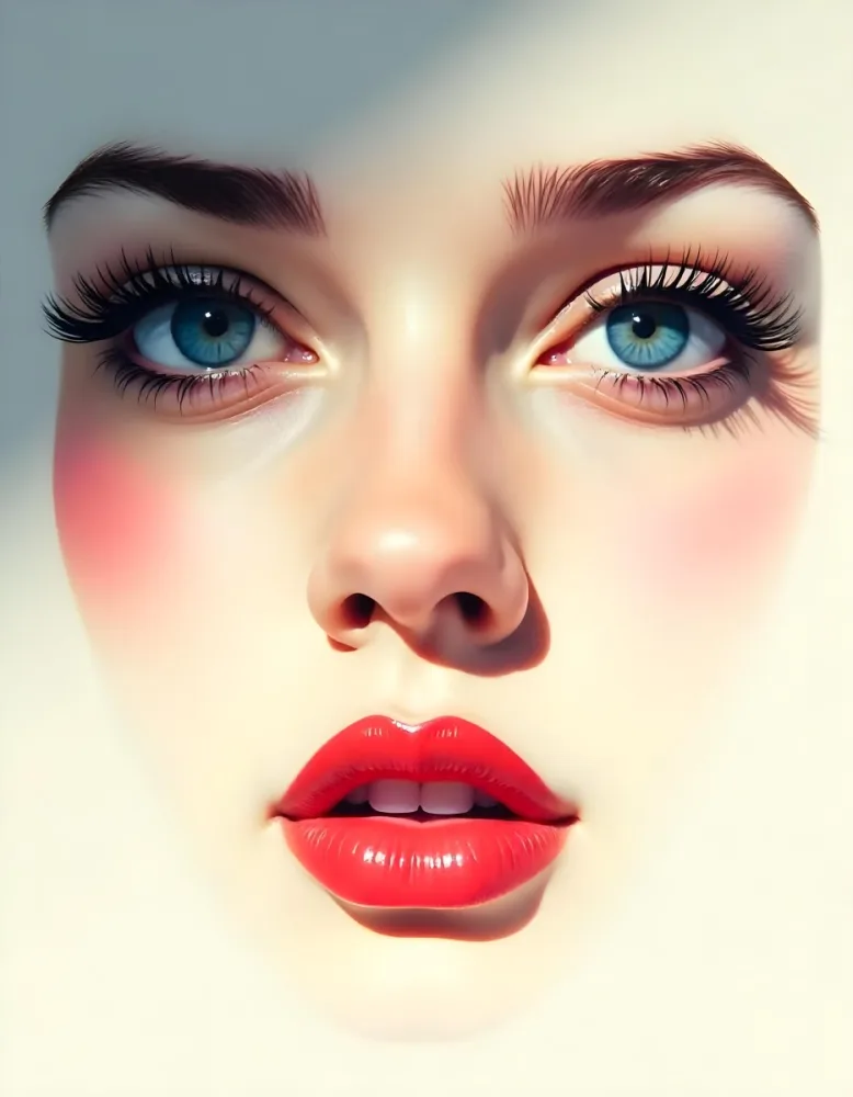A White Woman In The Age Of 21 Years Old With Blue Eyes Red Lips And Long Eyelashes Light Skin In A White Background 31 5b98