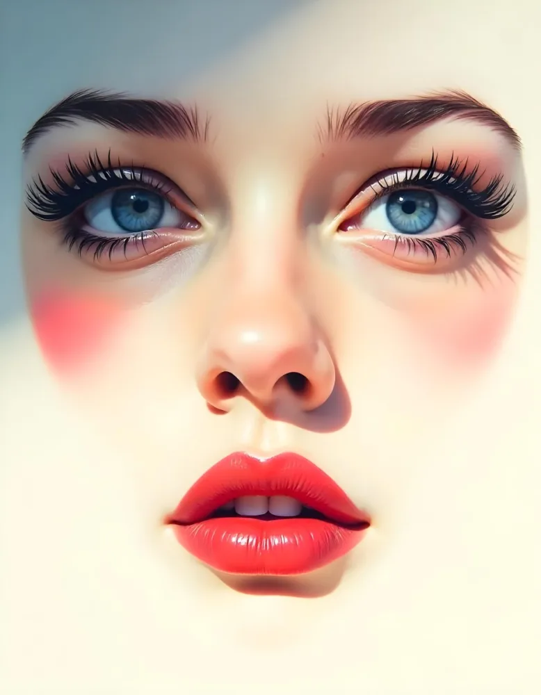 A White Woman In The Age Of 21 Years Old With Blue Eyes Red Lips And Long Eyelashes Light Skin In A White Background 8 04ee