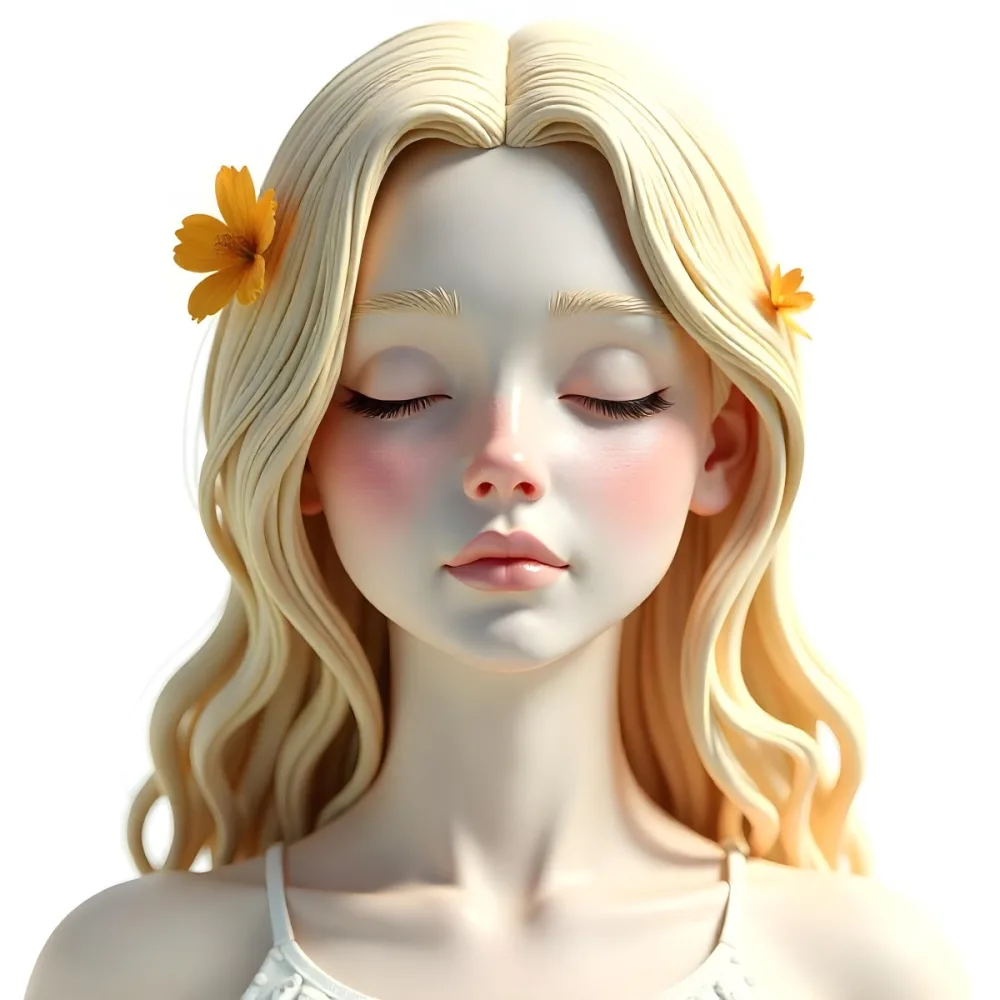 A White Woman With Golden Hair Closed Eyes White Lips 25 Years Old Golden Flower On Her Head White Background 17 C20f