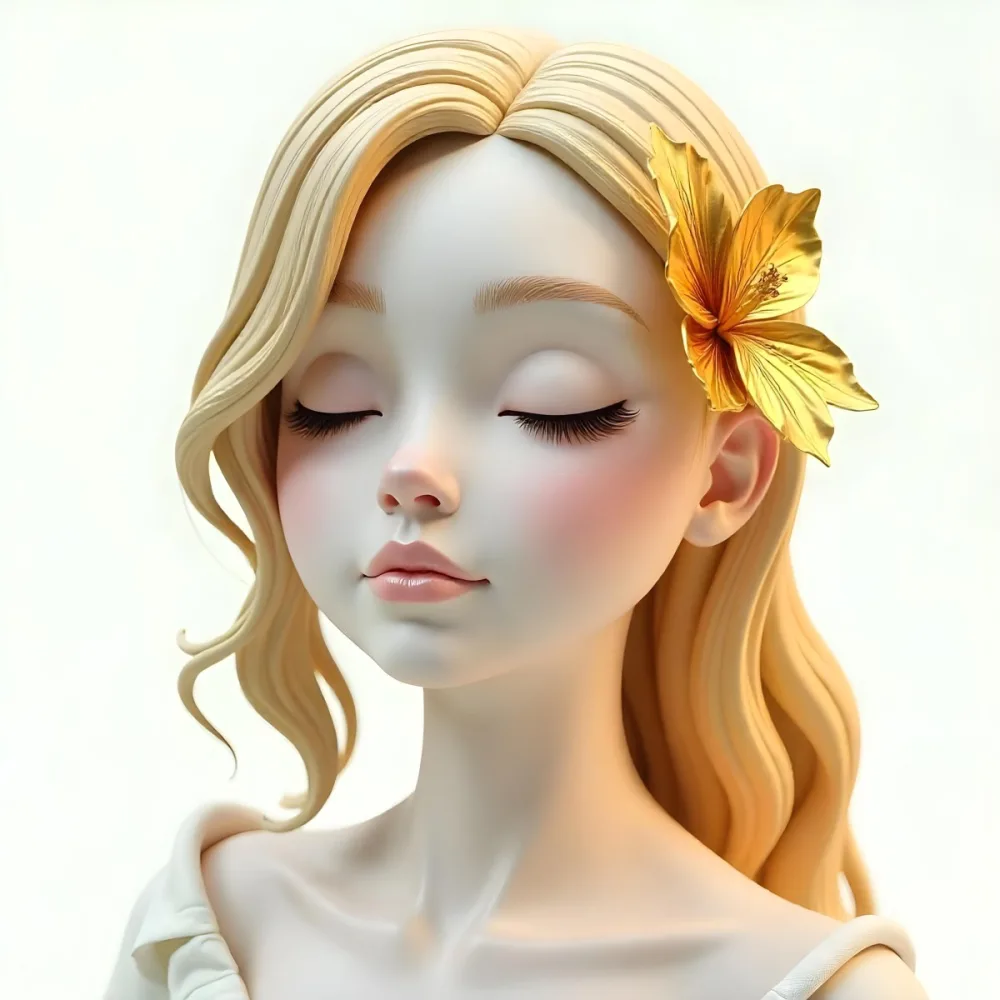 A White Woman With Golden Hair Closed Eyes White Lips 25 Years Old Golden Flower On Her Head White Background 3 1811