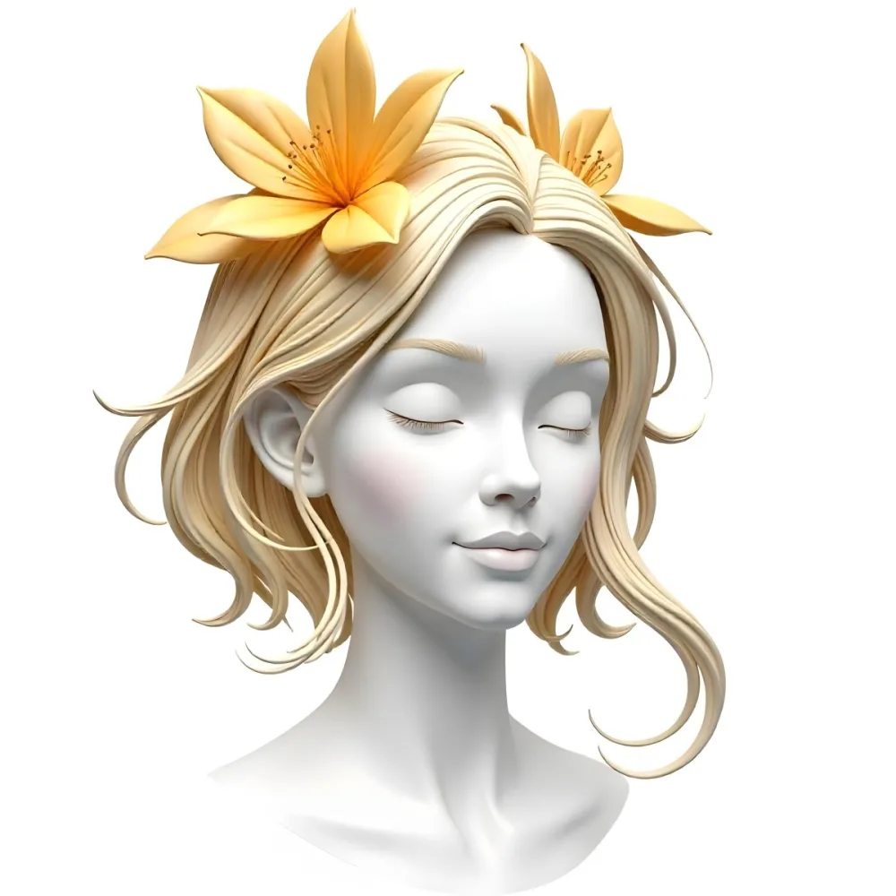 A White Woman With Golden Hair Closed Eyes White Lips 25 Years Old Golden Flower On Her Head White Background 32 83de