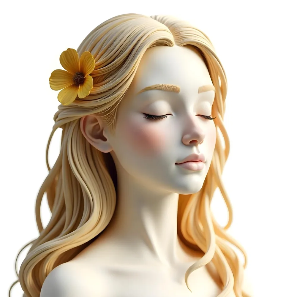A White Woman With Golden Hair Closed Eyes White Lips 25 Years Old Golden Flower On Her Head White Background 5 Bb8f