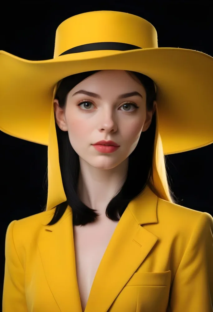 A White Woman With Pale Skin 25 Years Old Black Hair Wearing A Yellow Suit And A Yellow Hat Black Background 8 480d