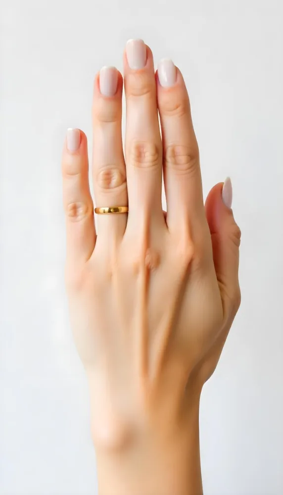 A Woman S Hand With Fair Skin And Short White Nails Wearing A Gold Ring In Front Of A White Background 10 94cd