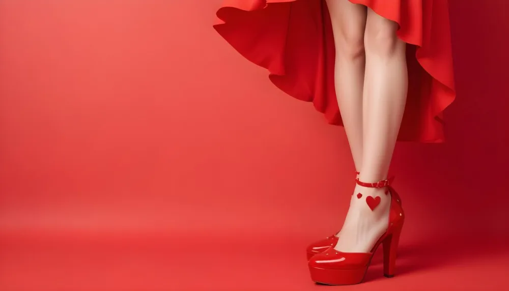 A Woman With Fair Skin And 25 Years Old Wearing Red Shoes And A Red Skirt With Hearts And Sunglasses On A Red Background 3 1f90