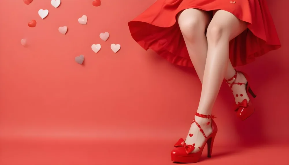 A Woman With Fair Skin And 25 Years Old Wearing Red Shoes And A Red Skirt With Hearts And Sunglasses On A Red Background 4 D7dc