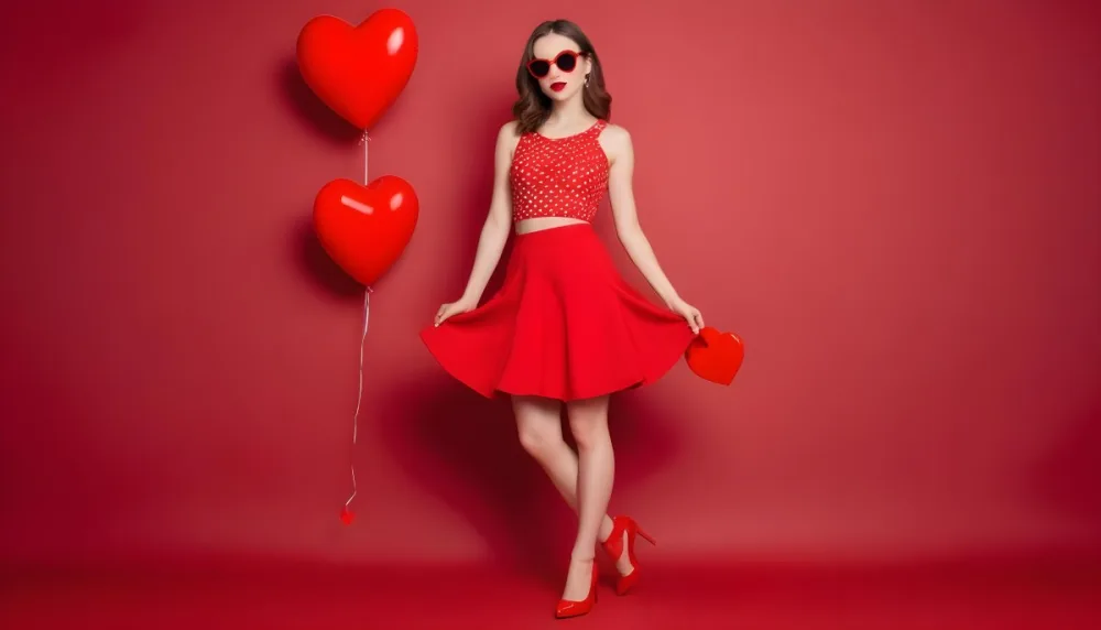 A Woman With Fair Skin And 25 Years Old Wearing Red Shoes And A Red Skirt With Hearts And Sunglasses On A Red Background 5 5bb9