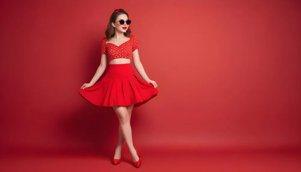 A Woman With Fair Skin And 25 Years Old Wearing Red Shoes And A Red Skirt With Hearts And Sunglasses On A Red Background 7 F522