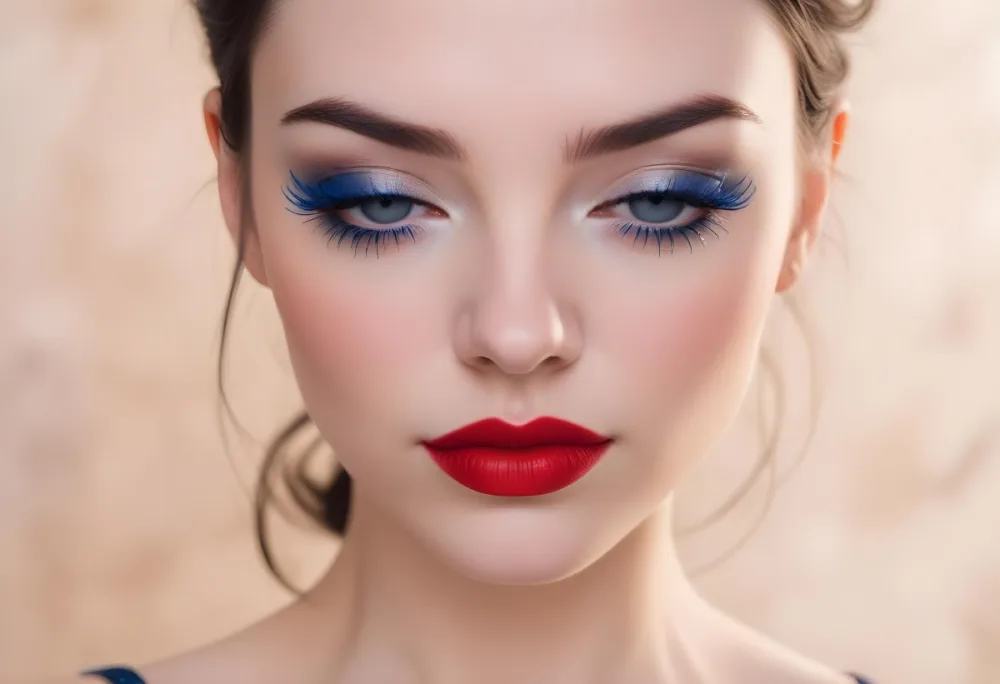 A Woman With Fair Skin And Dark Hair Approximately 25 Years Old Has Her Eyes Closed She Features Striking Blue Spiderweb Patterned Eyelashes And Bold Red Lipstick The Background Is A Soft Neutral Color That Emphasi 35 C1da