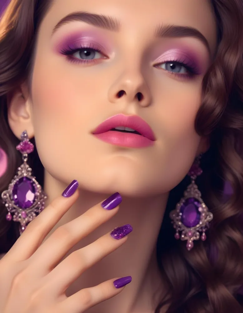 A Woman With Fair Skin And Long Wavy Brown Hair Approximately 25 Years Old She Has Bold Purple Eyeshadow And Glossy Pink Lips She Is Wearing Large Ornate Earrings With Purple Gemstones And Has Long Manicured Nail 14 0d6e