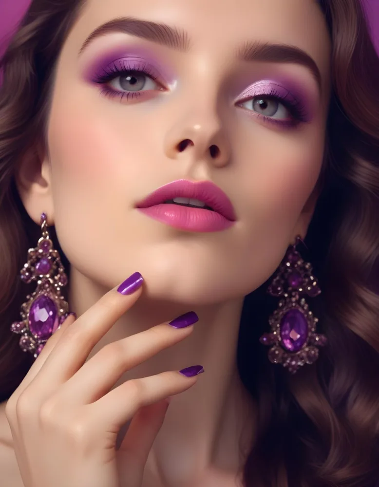 A Woman With Fair Skin And Long Wavy Brown Hair Approximately 25 Years Old She Has Bold Purple Eyeshadow And Glossy Pink Lips She Is Wearing Large Ornate Earrings With Purple Gemstones And Has Long Manicured Nail 16 58e3
