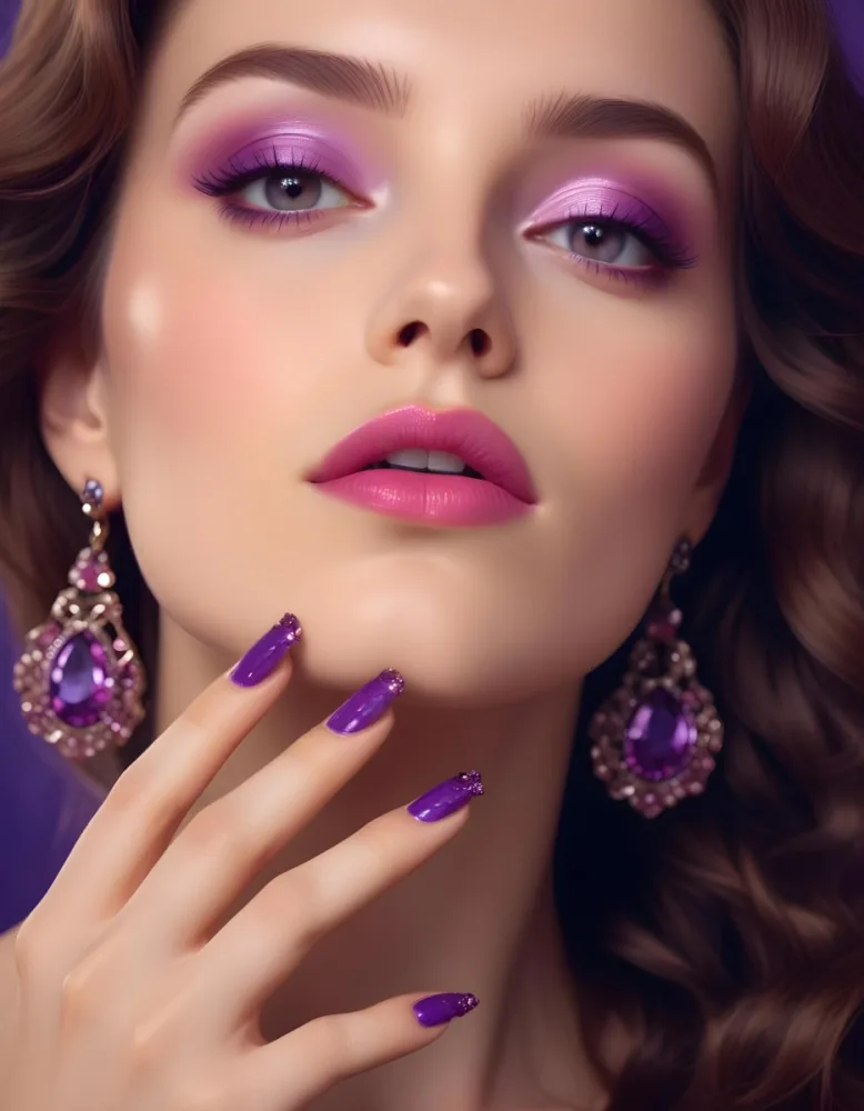 A Woman With Fair Skin And Long Wavy Brown Hair Approximately 25 Years Old She Has Bold Purple Eyeshadow And Glossy Pink Lips She Is Wearing Large Ornate Earrings With Purple Gemstones And Has Long Manicured Nail 17 1a8c