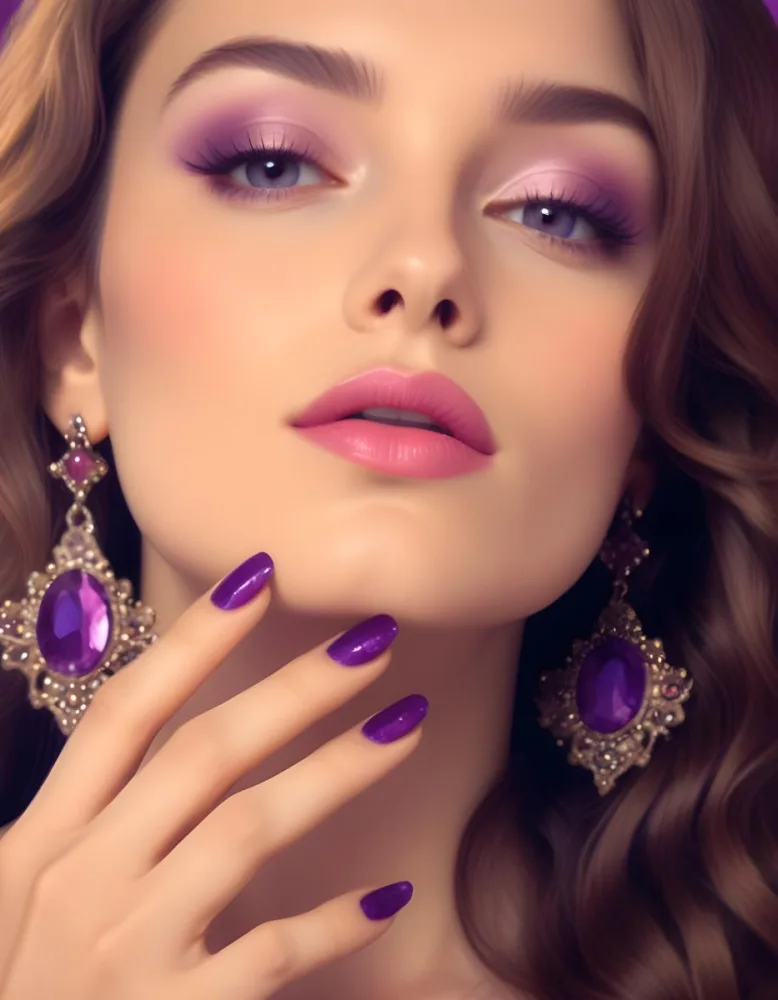 A Woman With Fair Skin And Long Wavy Brown Hair Approximately 25 Years Old She Has Bold Purple Eyeshadow And Glossy Pink Lips She Is Wearing Large Ornate Earrings With Purple Gemstones And Has Long Manicured Nail 20 562b