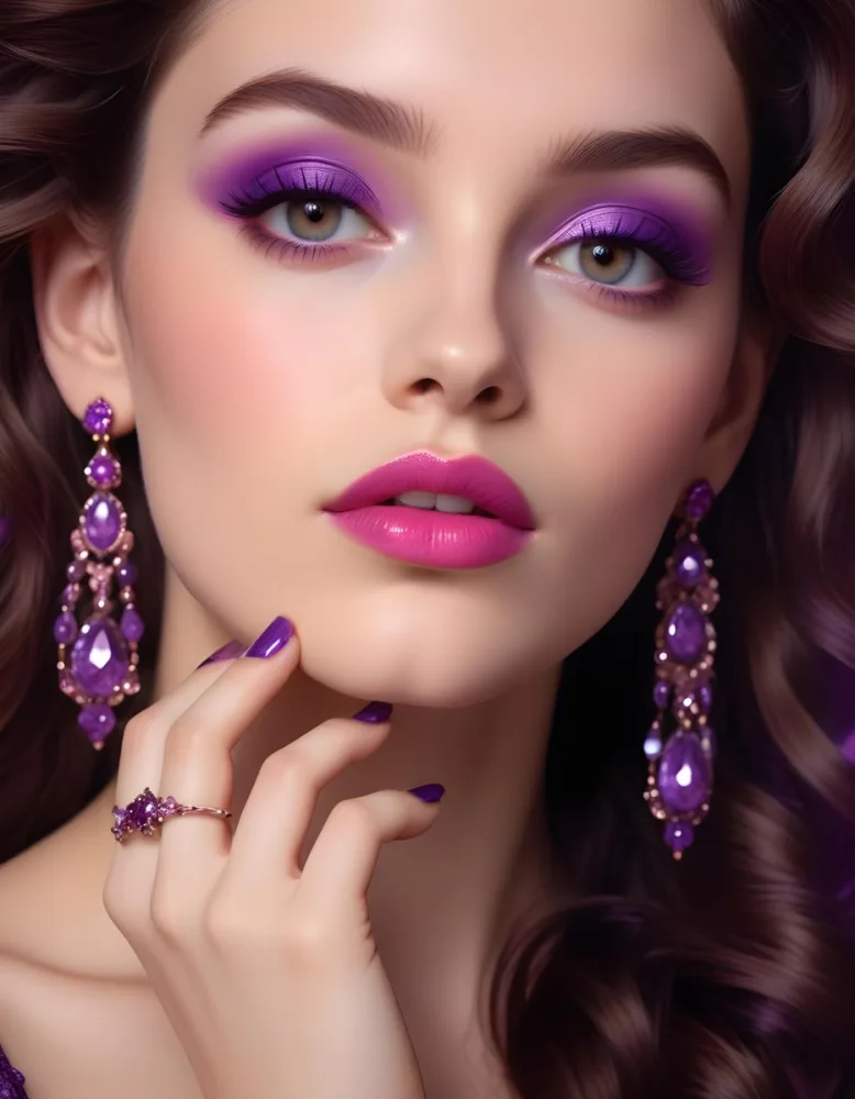 A Woman With Fair Skin And Long Wavy Brown Hair Approximately 25 Years Old She Has Bold Purple Eyeshadow And Glossy Pink Lips She Is Wearing Large Ornate Earrings With Purple Gemstones And Has Long Manicured Nail 22 D98b