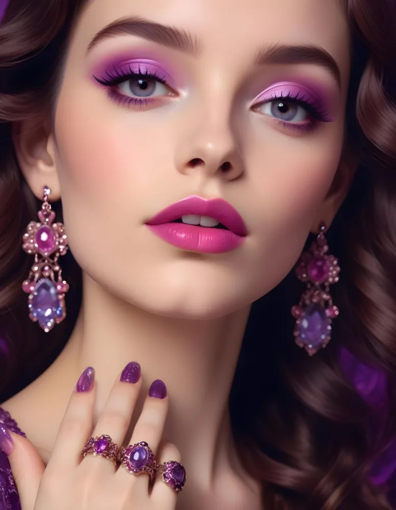A Woman With Fair Skin And Long Wavy Brown Hair Approximately 25 Years Old She Has Bold Purple Eyeshadow And Glossy Pink Lips She Is Wearing Large Ornate Earrings With Purple Gemstones And Has Long Manicured Nail 25 E440